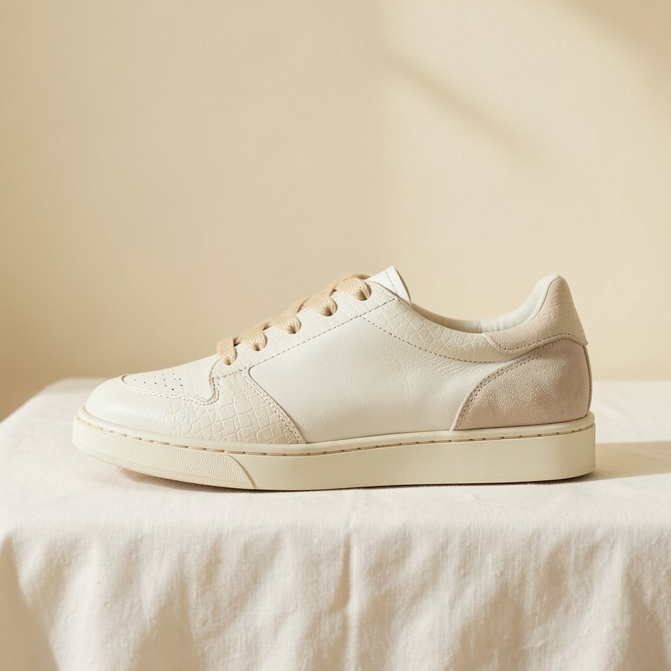 A handmade cream leather trainer with suede and croc-embossed trim, cleaned
